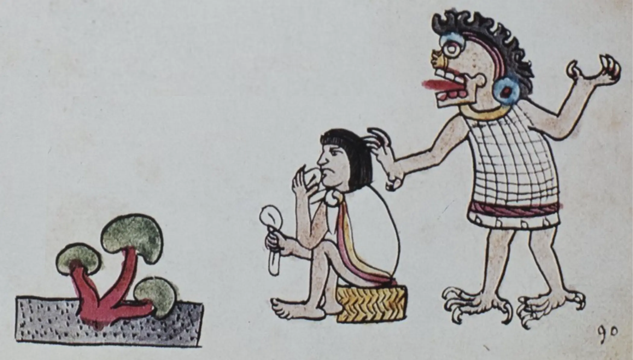 Depiction of *teonanácatl* and a man (priest?) consuming *teonanácatl* recorded in the Codex Magliabechiano, with a deity standing behind him (possibly Mictlāntēcutli, the god who rules the land of the dead) Source: Codex Magliabechiano